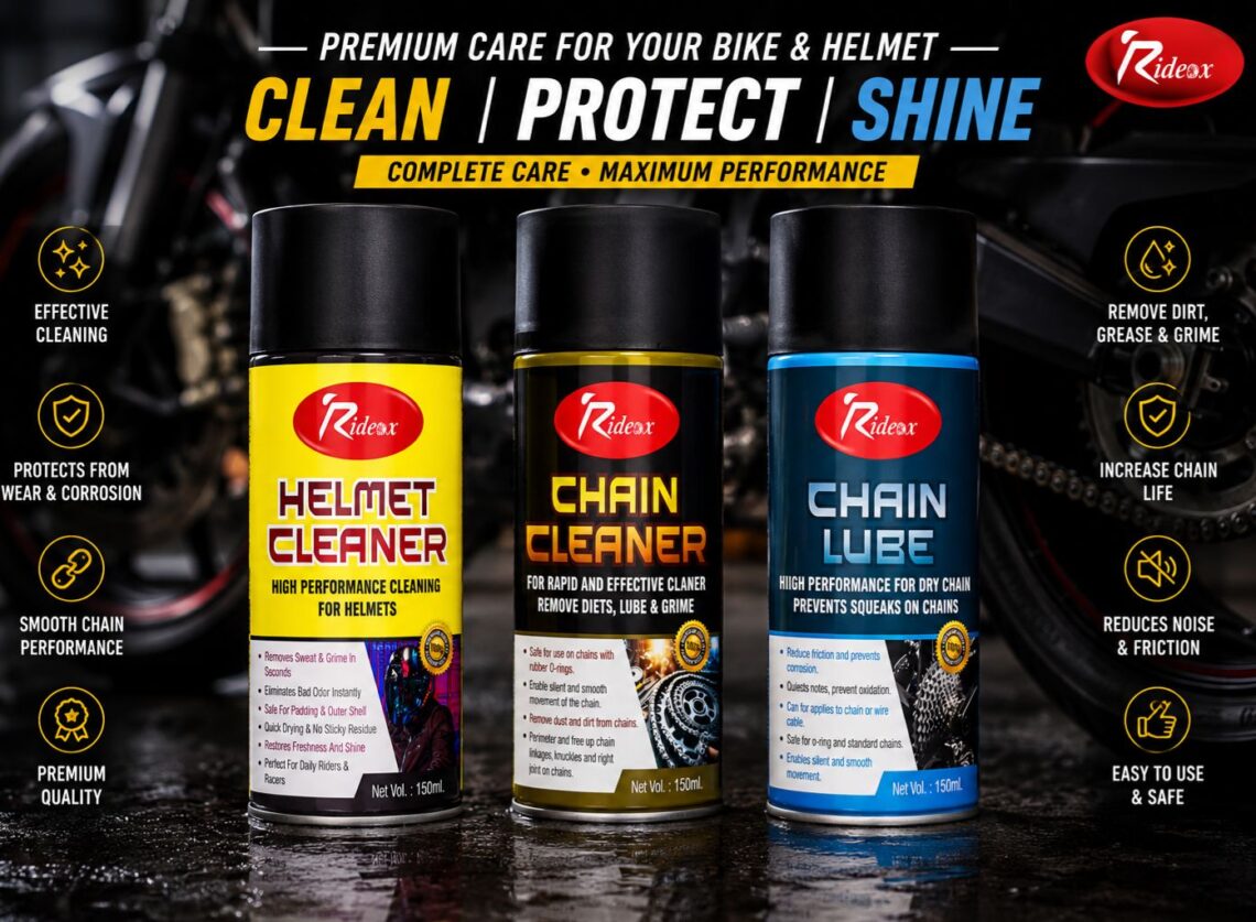 Rideox Bike Care Combo Kit – Helmet Cleaner 150ml + Chain Cleaner 150ml + Chain Lube 150ml